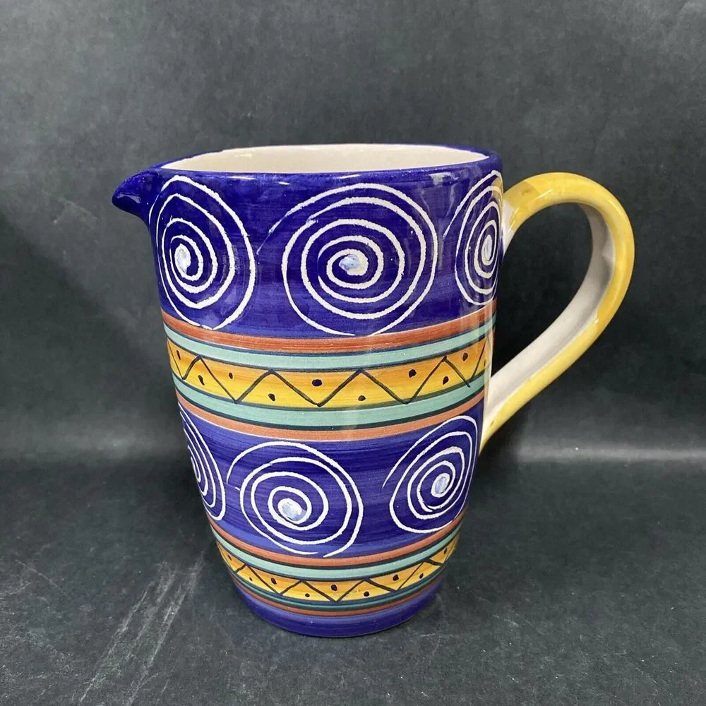 Pier 1 Italian Swirl Ceramic‎ Juice Water Pitcher 7.5” Blue Yellow Hand Painted